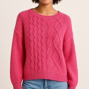 Free People Fuchsia Cozy Cable Knit Sweater S Chunky Cotton Blend Boho Knitwear